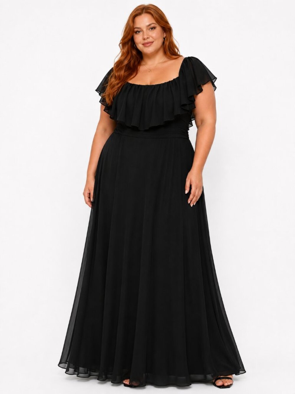 Black Chiffon Maxi Dress Ruffle Neckline Plus Size Formal Evening Gown